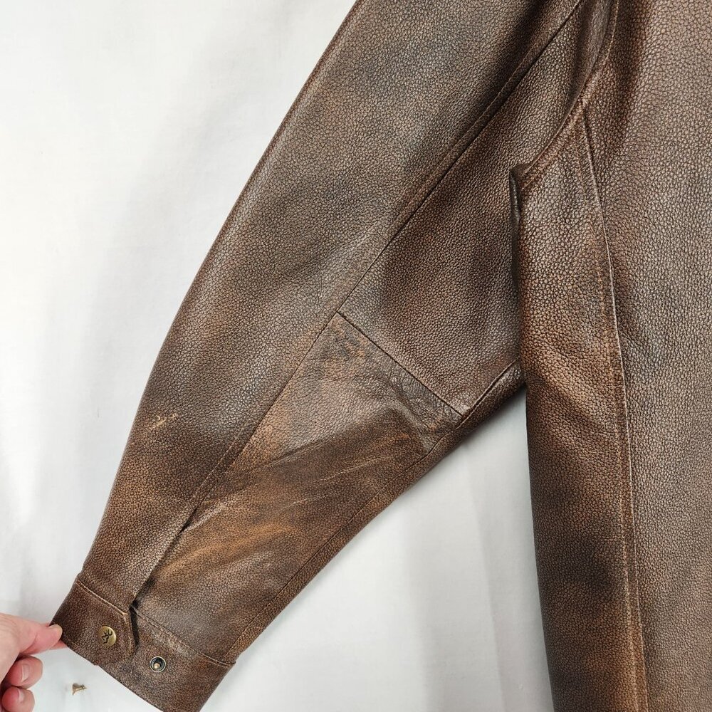 Vtg Browning Gold Brown Leather Jacket Men's XL TG Shoulder Patch Zip Logo - Picture 3 of 16